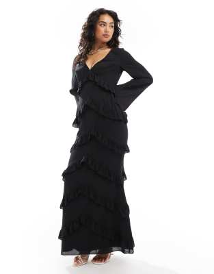 long sleeve ruffle maxi dress in black