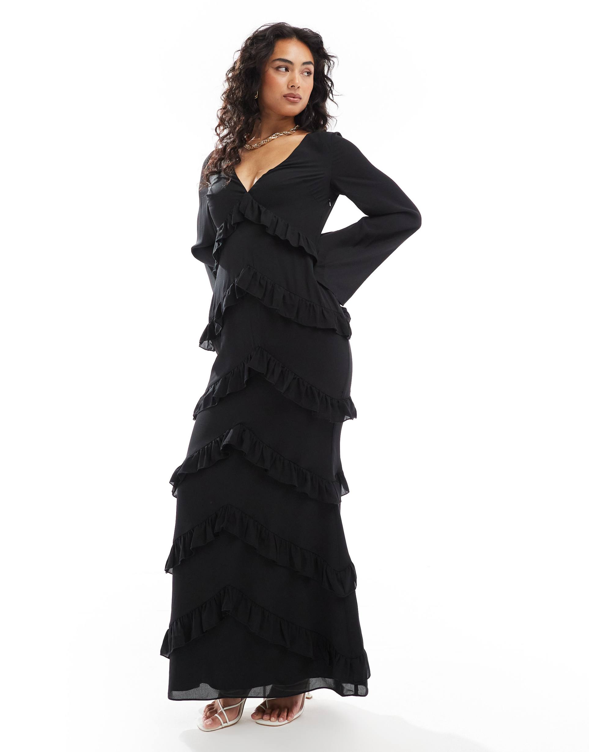 pretty lavish long sleeve ruffle maxi dress in black