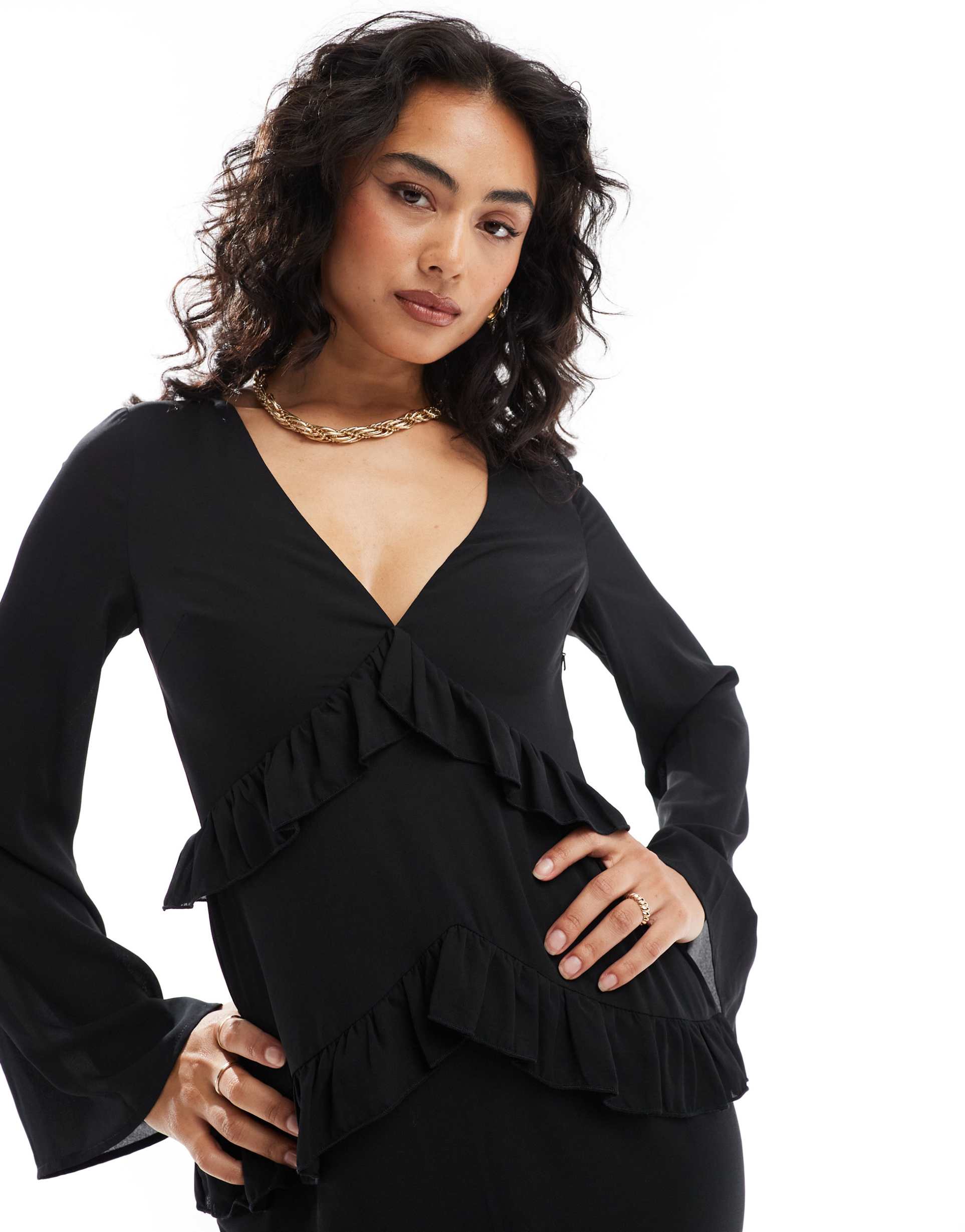 pretty lavish long sleeve ruffle maxi dress in black