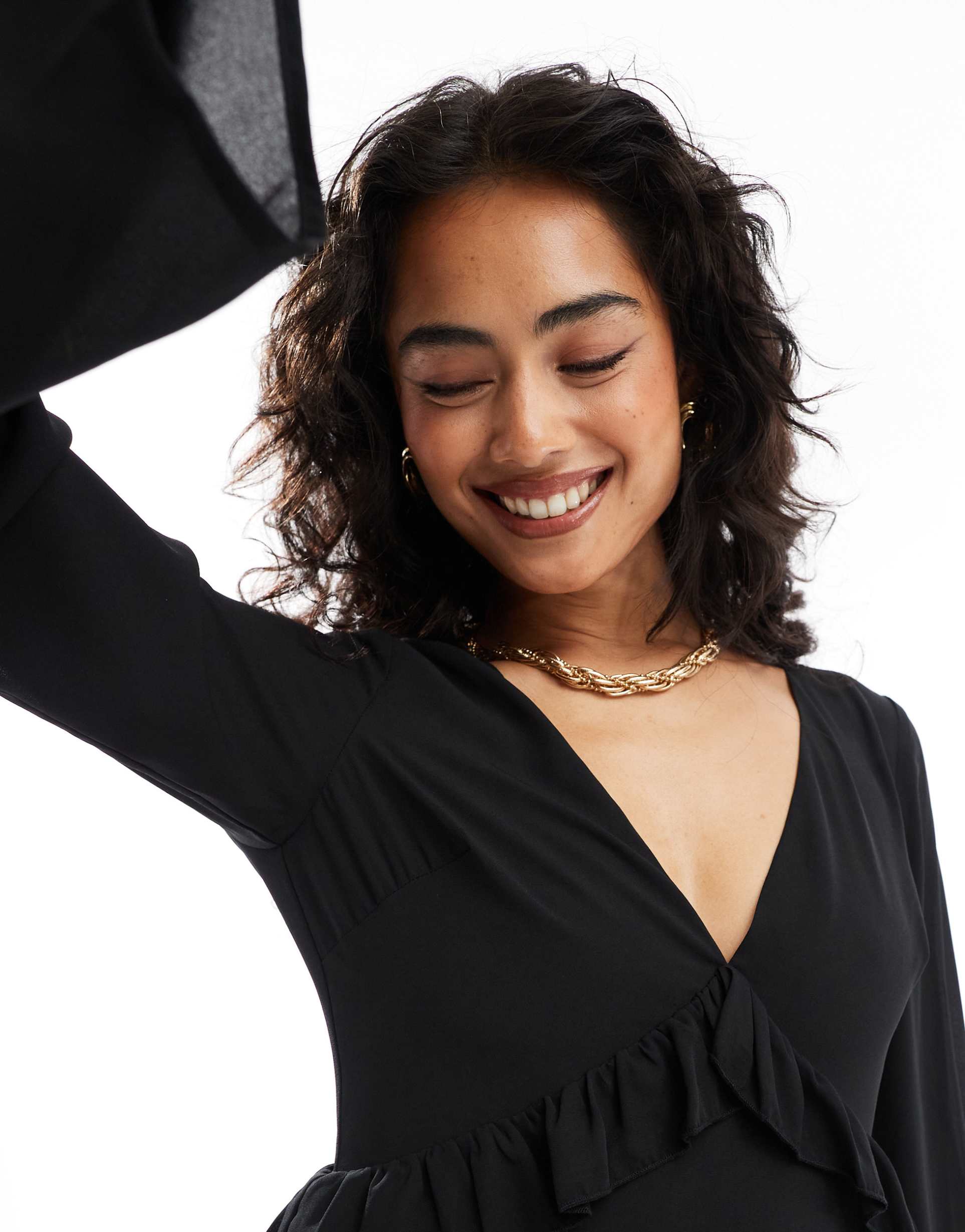 pretty lavish long sleeve ruffle maxi dress in black