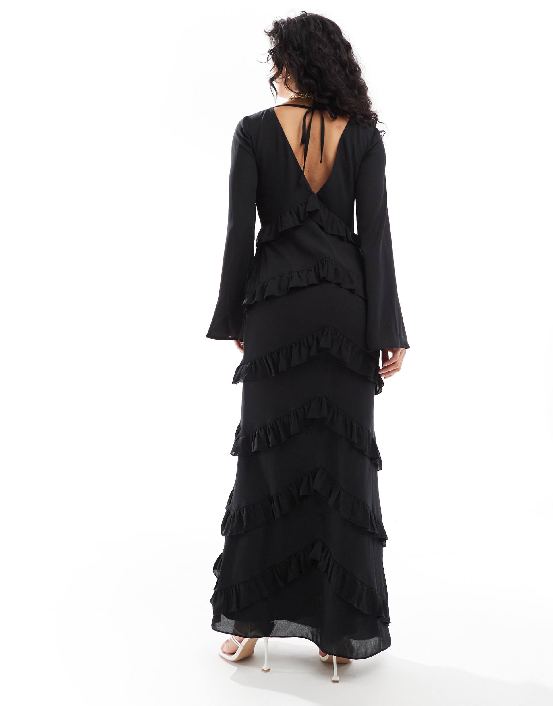 pretty lavish long sleeve ruffle maxi dress in black