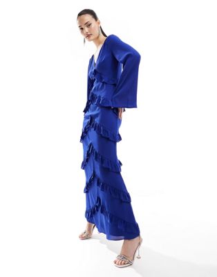 Pretty Lavish long sleeve ruffle maxi dress in cobalt blue - ASOS Price Checker