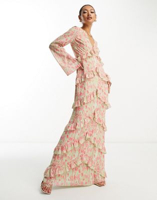 Pretty Lavish long sleeve ruffle maxi dress in mixed floral