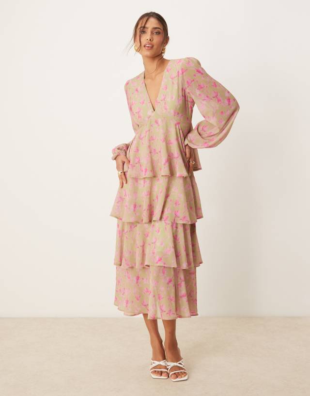 pink and green long sleeve dress Pretty Lavish ruffle midaxi in fuchsia floral 77026L032-BLUMAFLORAL
