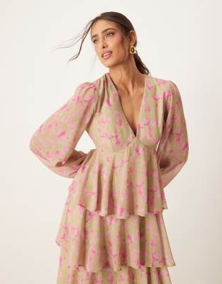 Pretty Lavish Long Sleeve Ruffle Midaxi Dress In Multi