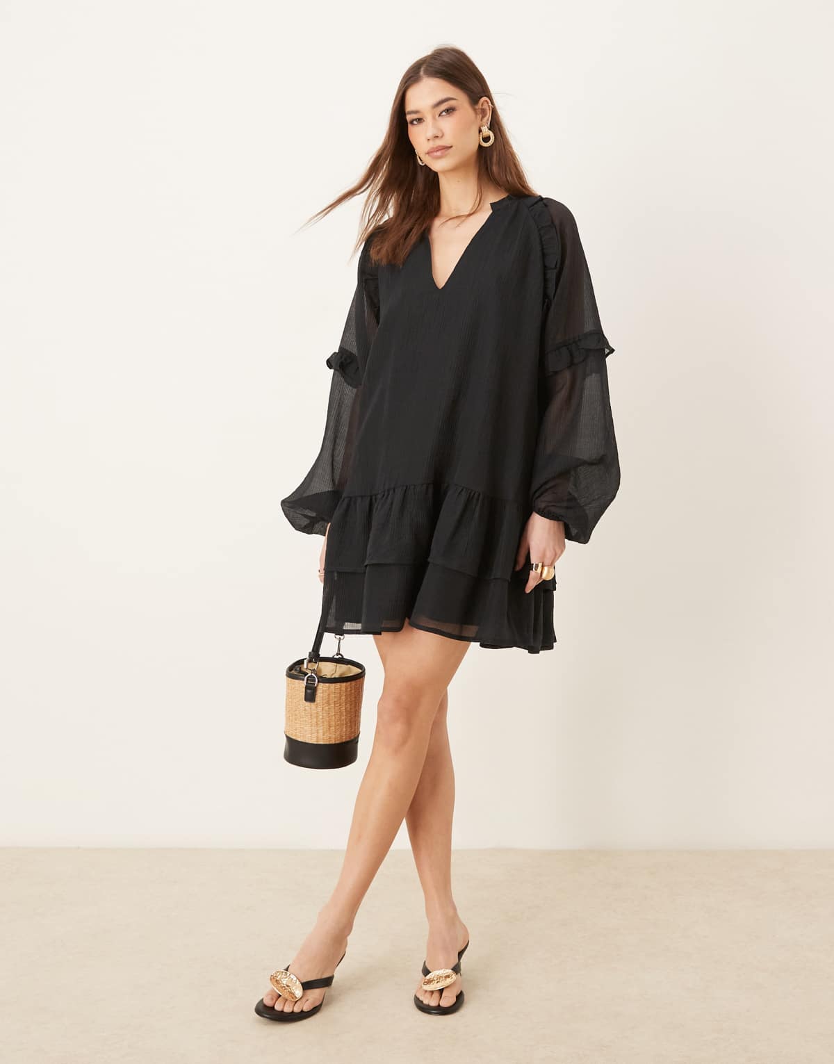 Pretty Lavish long sleeve ruffle mini dress in black