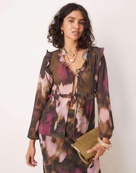 Pretty Lavish long sleeve ruffle top co-ord in abstract print - view 1