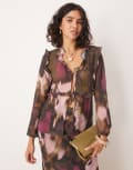 [Pretty Lavish] Pretty Lavish long sleeve ruffle top in abstract print (Part of a set)-Multi 6 Green Pink