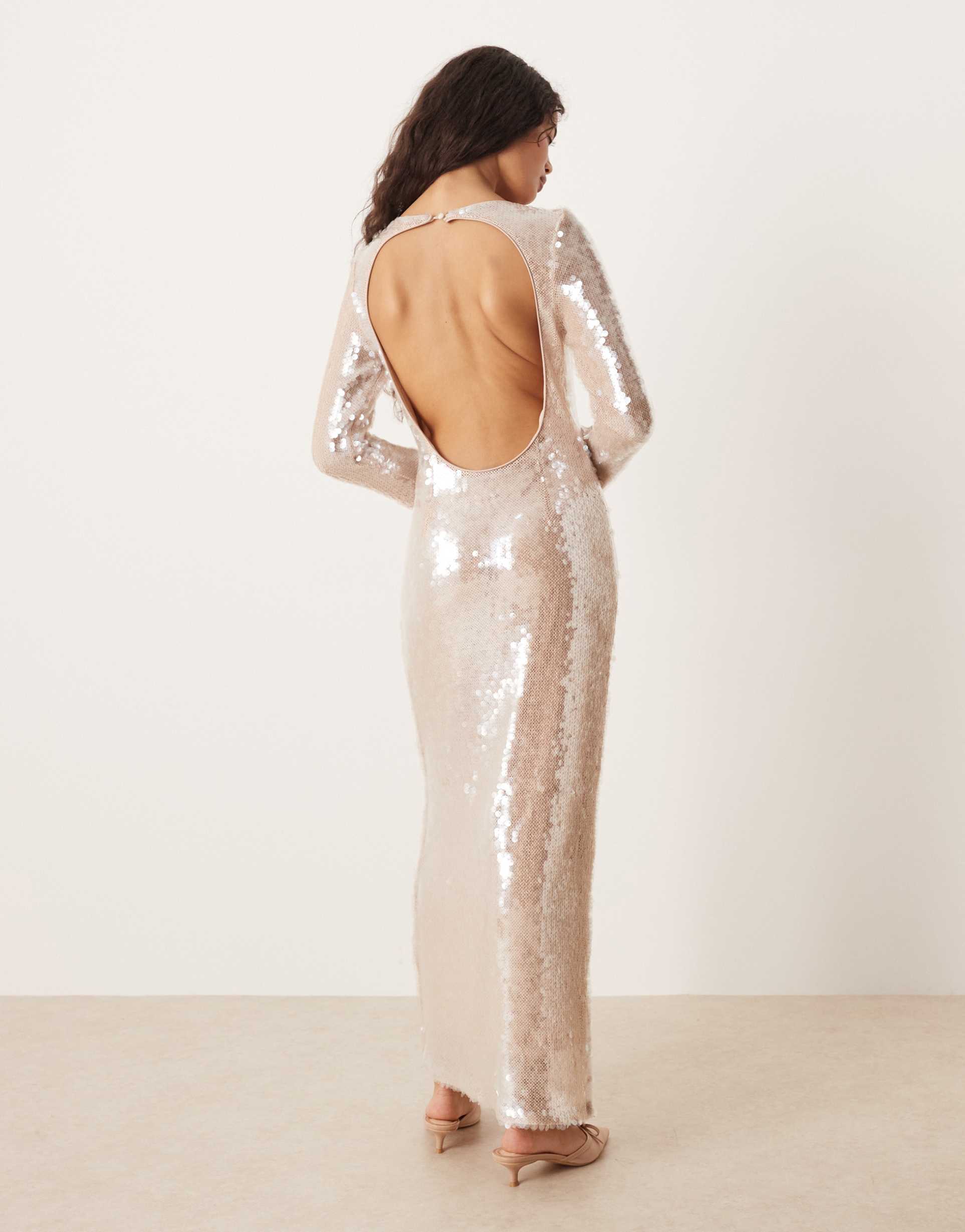 pretty lavish long sleeve sequin midaxi dress in cream