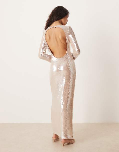 Pretty Lavish long sleeve sequin midaxi dress in cream