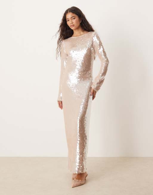 Pretty Lavish long sleeve sequin midaxi dress in oyster, 2 of 4