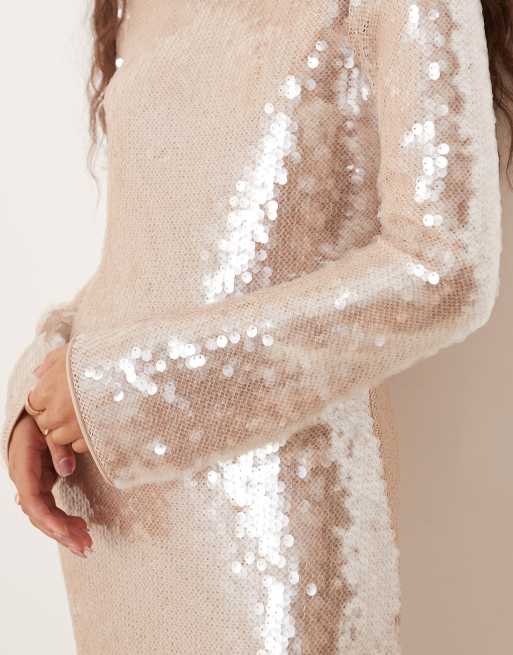 Pretty Lavish long sleeve sequin midaxi dress in oyster, 3 of 4