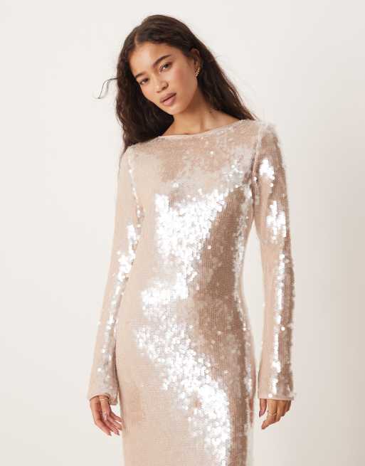 Pretty Lavish long sleeve sequin midaxi dress in oyster, 4 of 4