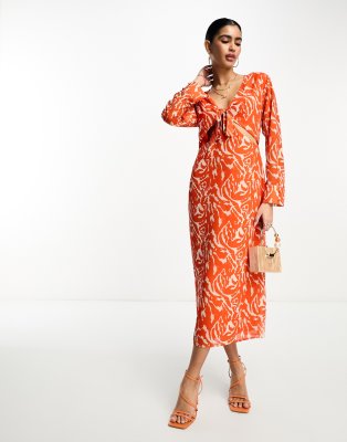 Pretty Lavish Long Sleeve Tie Midaxi Dress In Orange Zebra