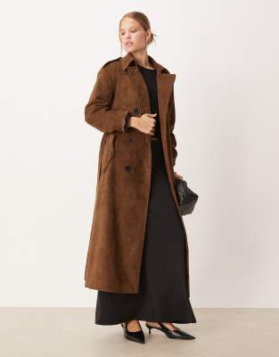 Pretty Lavish Longline Faux Suede Maxi Trench Coat In Brown