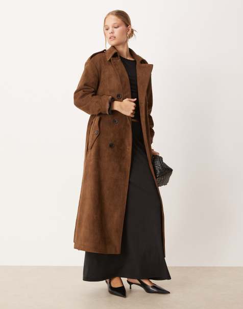 Pretty Lavish longline faux suede maxi trench coat in chocolate - view 1