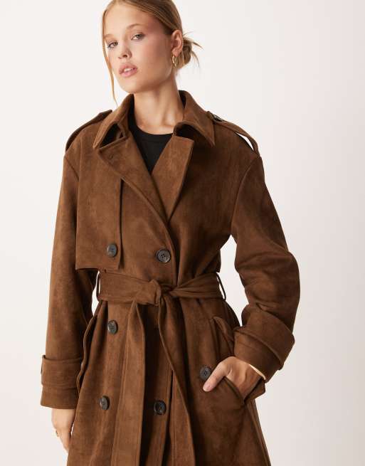 Pretty Lavish longline faux suede maxi trench coat in chocolate
