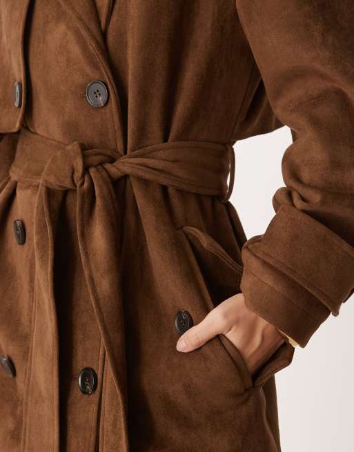 Pretty Lavish longline faux suede maxi trench coat in chocolate