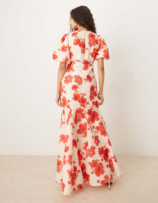 Pretty Lavish - Lottie - Kjole med rødt blomstermønster i hørlook, 3 af 4