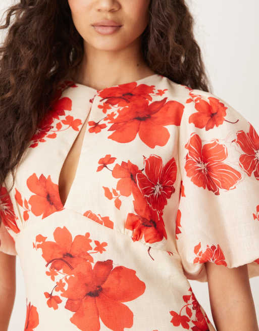 Pretty Lavish - Lottie - Kjole med rødt blomstermønster i hørlook, 4 af 4