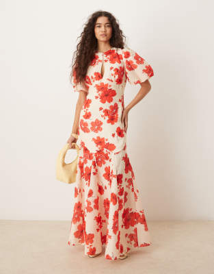 Pretty Lavish Lottie printed linen look puff sleeve dress in red floral - view 1