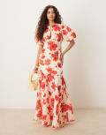 [Pretty Lavish] Pretty Lavish Lottie printed linen look puff sleeve dress in red floral 16 Red floral