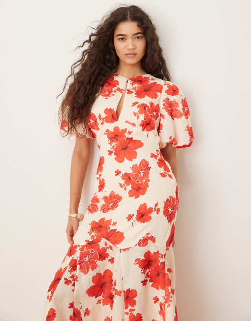 Pretty Lavish - Lottie - Robe imprimée aspect lin à manches bouffantes - Rouge fleuri, 2 de 4