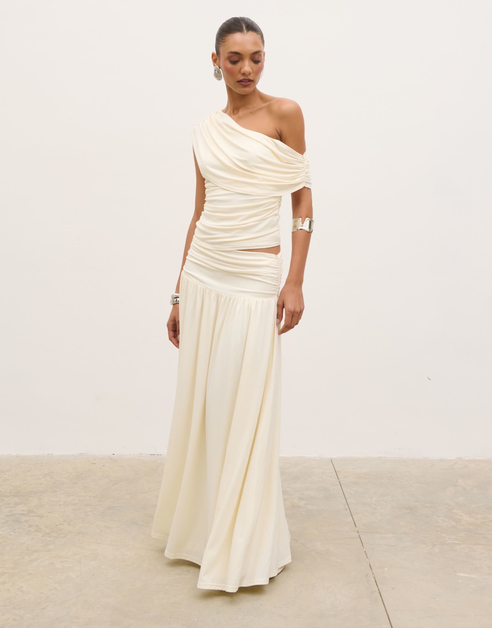 pretty lavish lydia ruched maxi skirt in cream - part of a set
