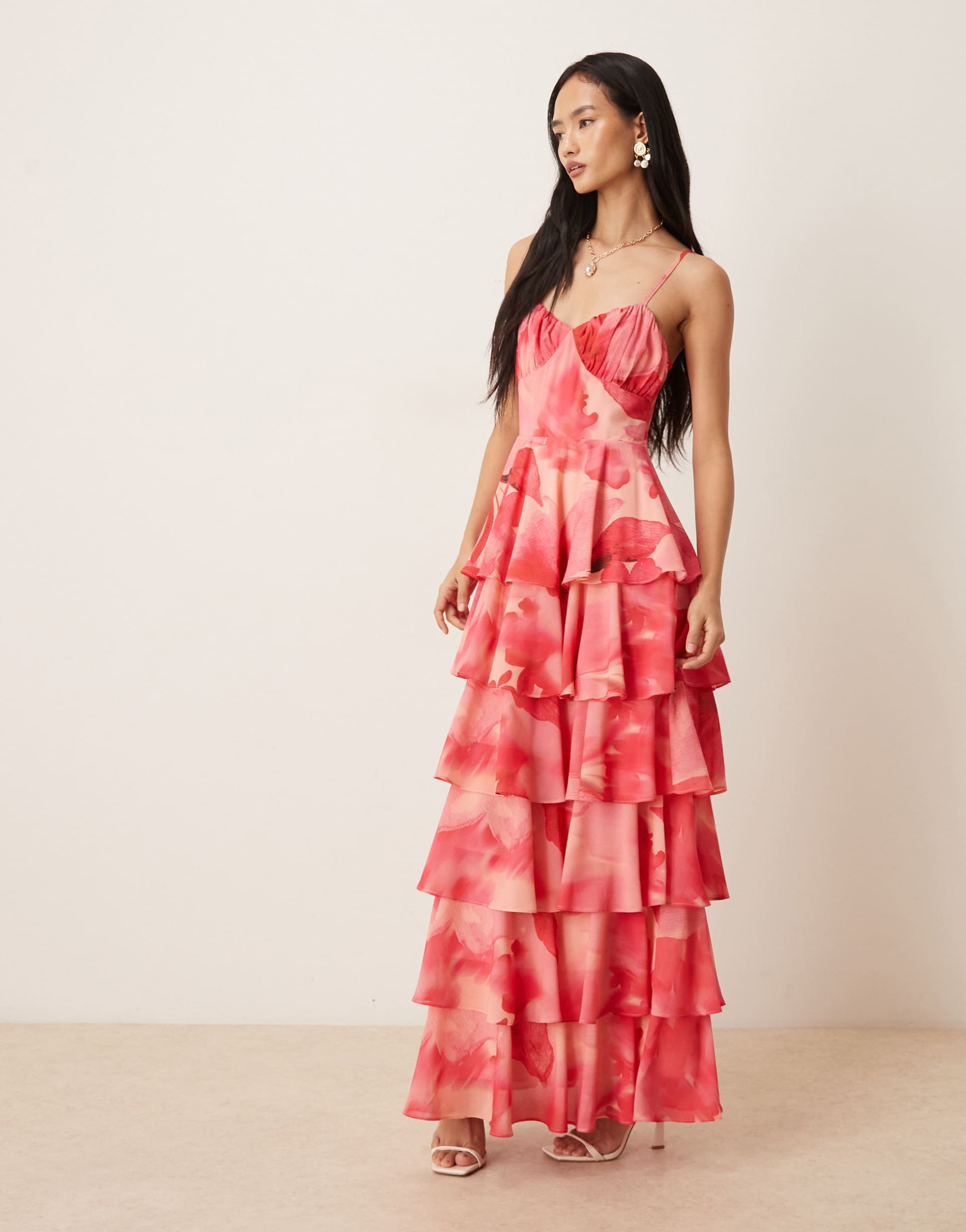 pretty lavish madison ruched bust detail tiered ruffle skirt maxi dress in red and pink floral