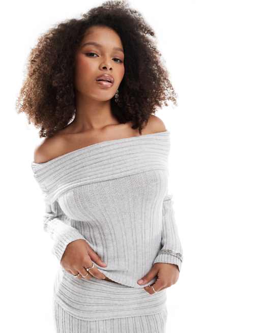 Pretty Lavish - Maglione in maglia comoda grigio a coste con scollo Bardot in coordinato