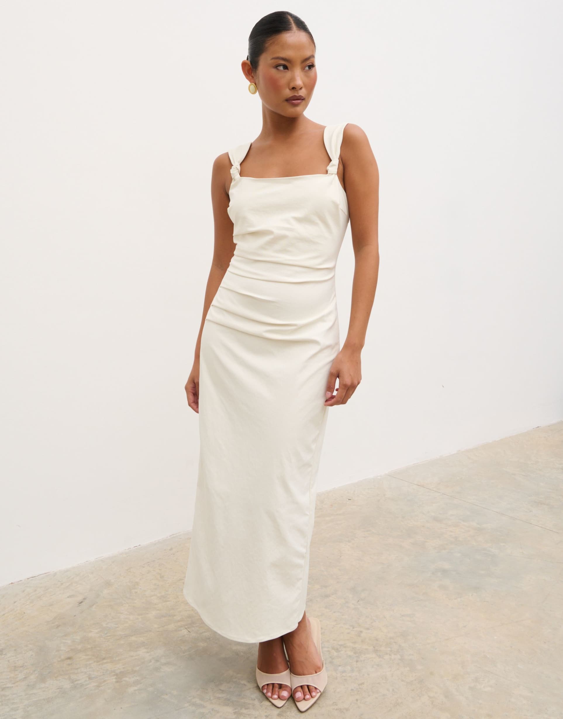 pretty lavish maja bengaline knot strap square neck maxi dress in cream