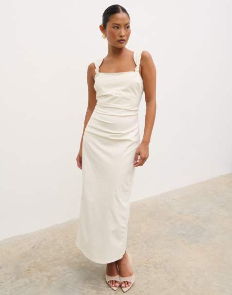Pretty Lavish - Maja - Vestito lungo in bengalina color crema con spalline annodate e scollo squadrato - view 1