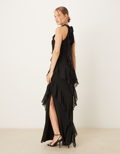 Pretty Lavish - Maxi halterjurk met ruches in zwart, 3 van 4