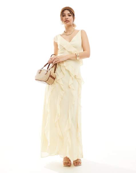 Pretty Lavish - Maxi jurk met asymmetrische gedrapeerde ruches in lichtgeel - view 1