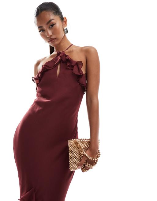 Pretty Lavish - Maxi-jurk met halternek en ruches in wijnrood, 2 van 4