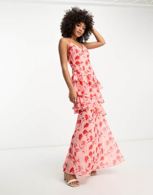 Pretty Lavish - Maxi-jurk met ruches en split in roze en rode bloemenprint  | ASOS