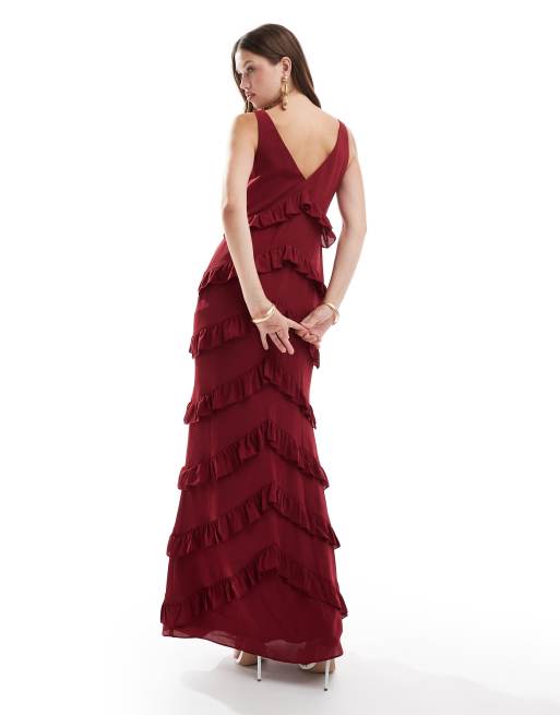Pretty Lavish - Maxi jurk met ruches in wijnrood, 3 van 4