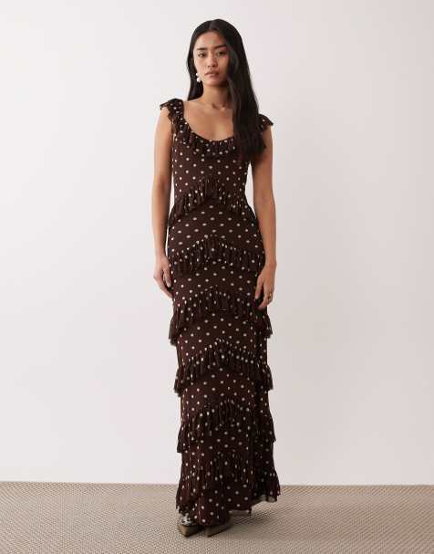 Pretty Lavish - Maxi jurk van mesh met ruches en stroken in bruin met stippen - view 1