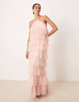 Pretty Lavish - Maxi jurk van tule met open achterkant en ruches in pioenroze - view 1
