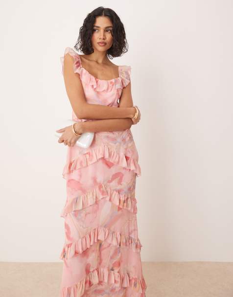 Pretty Lavish – Maxikleid in Rosa und marmoriertem Braun mit U-Ausschnitt und Rüschen - view 1