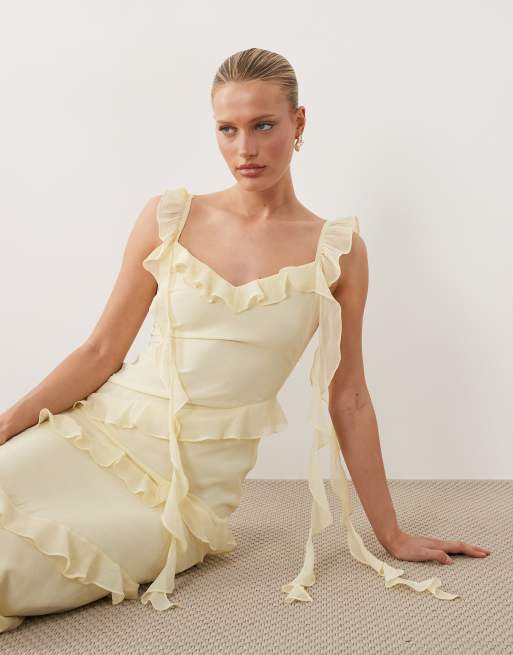 Pretty Lavish Maxikleid mit Bindeträgern und Rüschen-Detail in Pastellgelb, 2 von 4