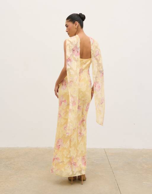Pretty Lavish Maxikleid mit Jacquard-Schal-Detail und gelbem Blumenmuster, 3 von 4
