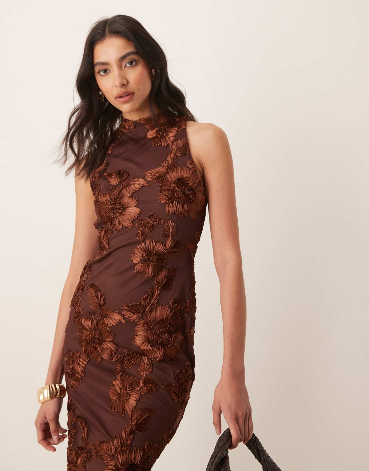 Pretty Lavish Meg racer midaxi dress in brown floral