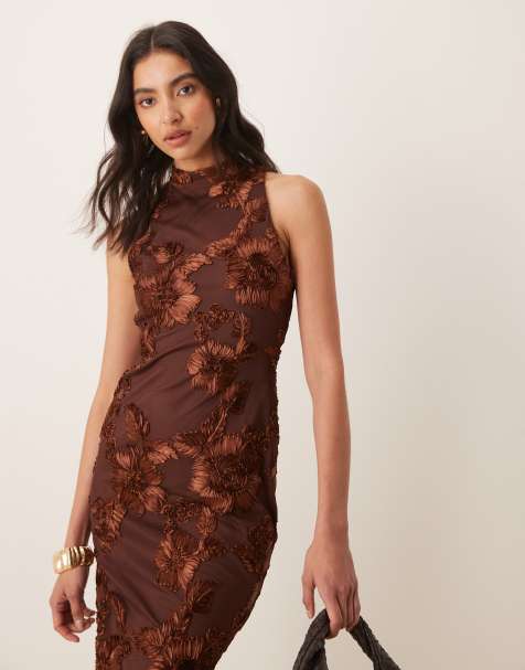 Pretty Lavish - Meg - Racer midaxi jurk in bruine bloemenprint - view 1