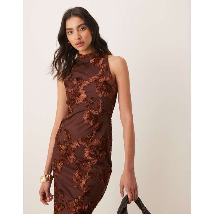 Pretty Lavish Meg racer neck midaxi dress in brown floral | ASOS