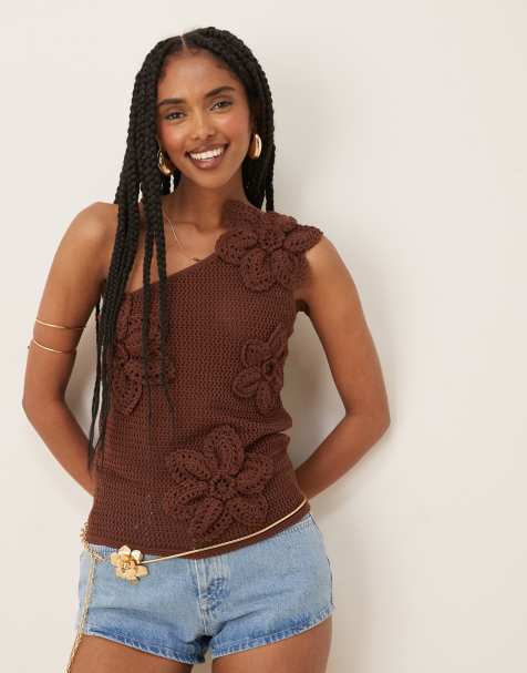 Pretty Lavish Megan crochet flower top in brown
