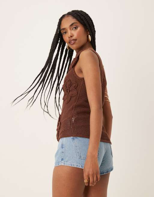 Pretty Lavish Megan crochet flower top in brown, 3 of 4
