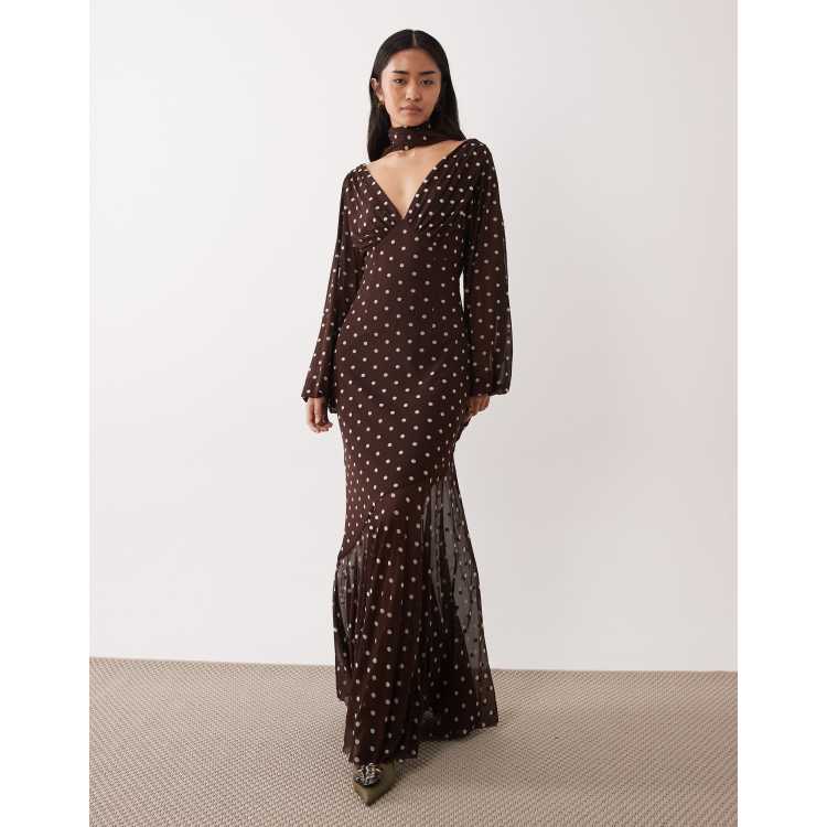 Pretty Lavish mesh scarf v-neck maxi dress in brown polka dots | ASOS