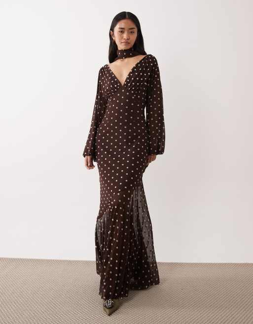 Pretty Lavish mesh scarf v-neck maxi dress in brown polka dots | ASOS