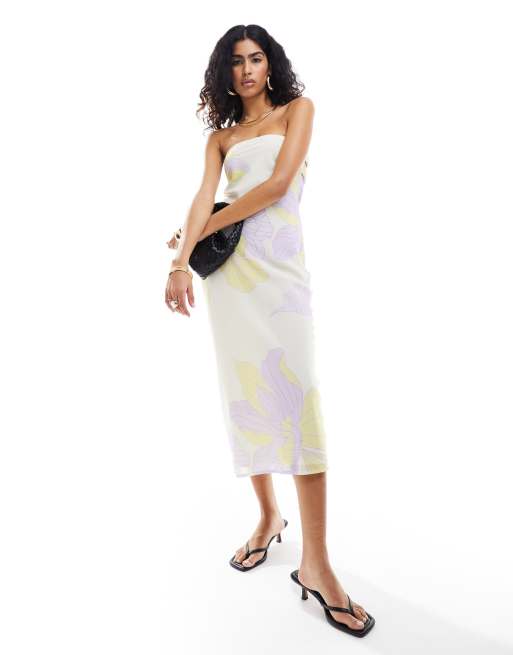Pretty Lavish - Midaxi bandeau-jurk met open achterkant en bloemenprint in lila en beige